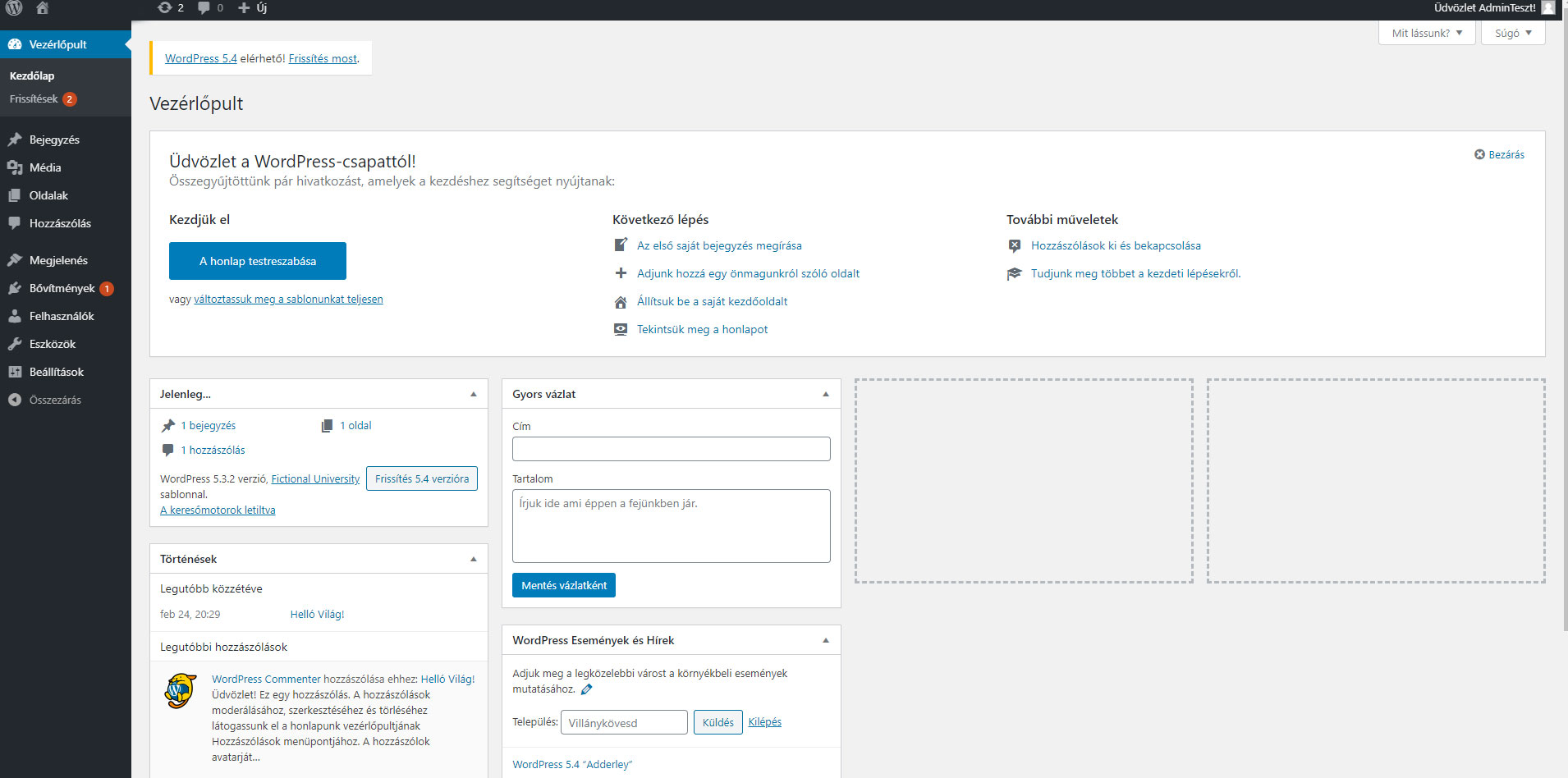 WordPress bejelentkezés utáni admin felülete